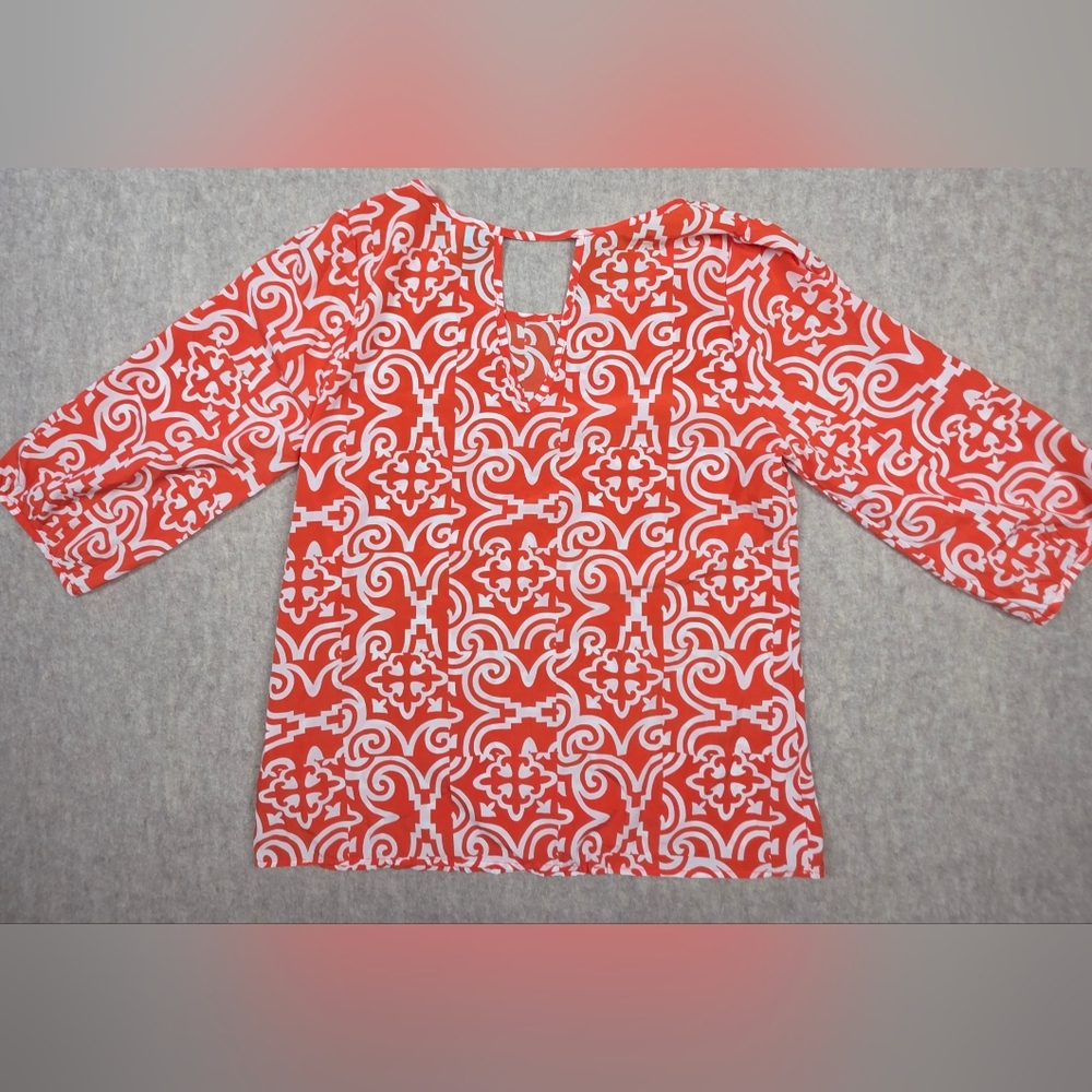 BUTTONS Blouse Size LARGE Womens Orange White 3/4 Sleeves - Picture 2 of 4